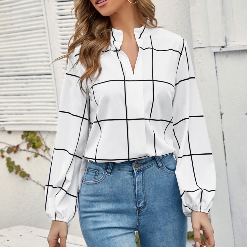 Windowpane Plaid Notched Neck Blouse